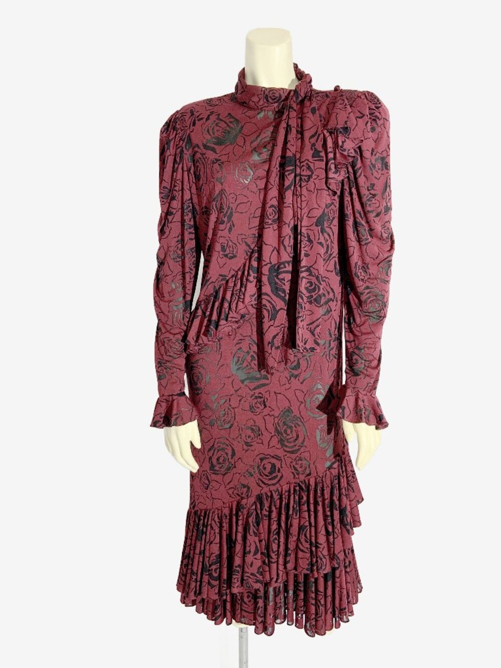 Vintage Pat McDonagh Burgundy Burnout Floral Midi Dress with Ruffles / Small-Med
